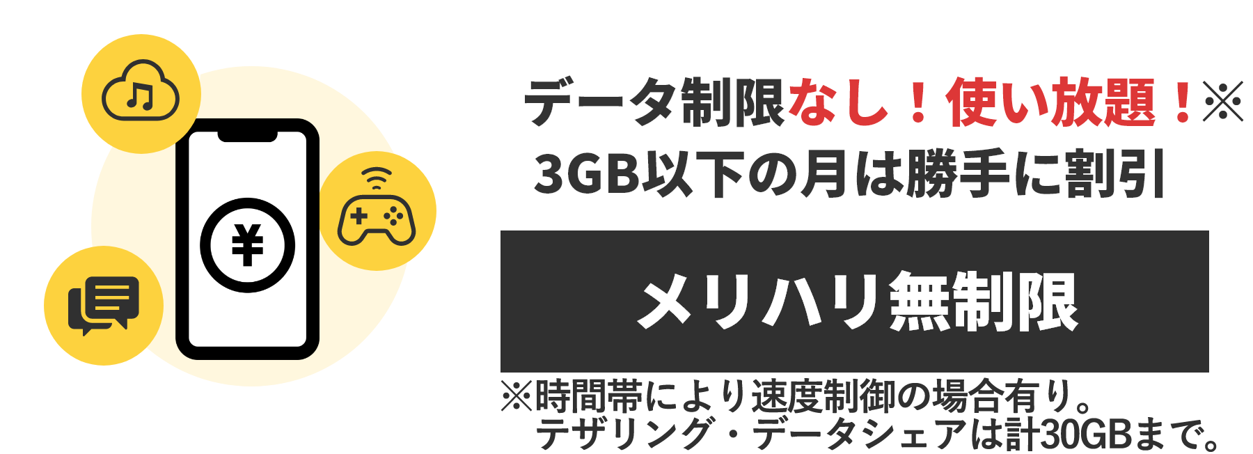データ制限なし!使い放題!3GB以下の月は勝手に割引!